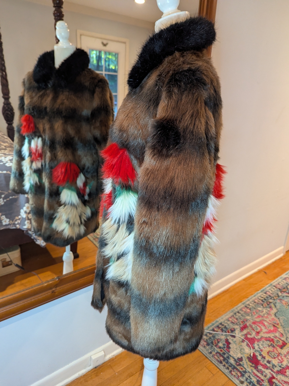 Zara Brown Faux Fur Coat with Black Collar and Red & Green Pom Accents #1253 - Picture 4 of 16